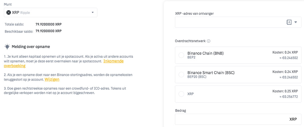 Crypto opnemen bij Binance