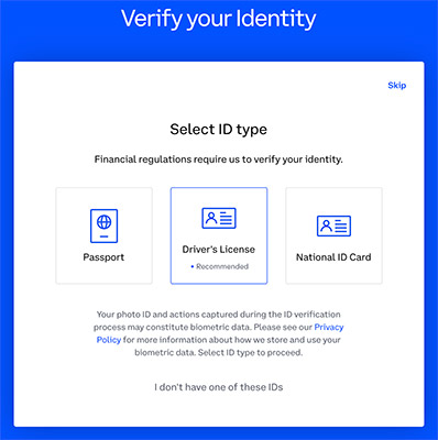 Identiteitsverificatie Coinbase via paspoort, rijbewijs of identiteitskaart