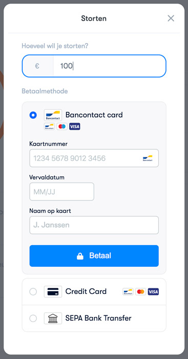 Euro's storten met bankcontact, ideal, credit card en sepa