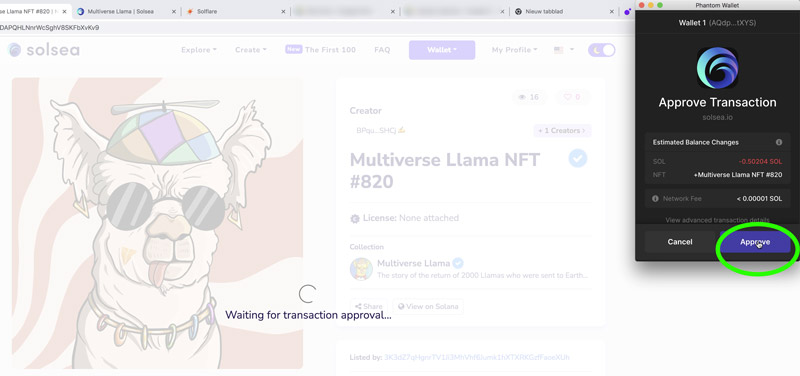 Aankoop van NFT bevestigen via de Phantom wallet