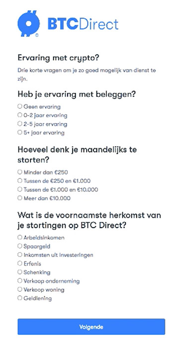 Aanmelden BTC Direct - vragen i.v.m. ervaring beleggen
